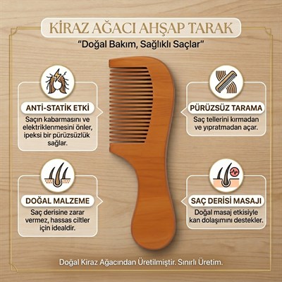 Kiraz Ağacı Ahşap Tarak - Anti Statik Özellikli