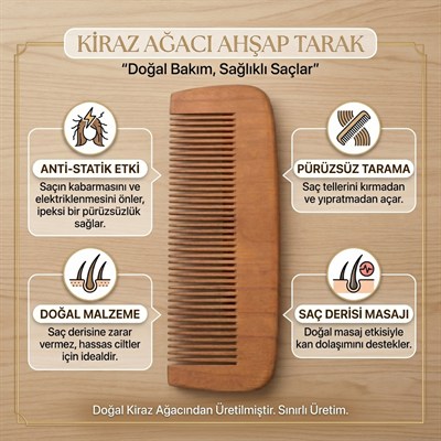 Kiraz Ağacı Ahşap Tarak Uzun - Anti Statik Özellikli