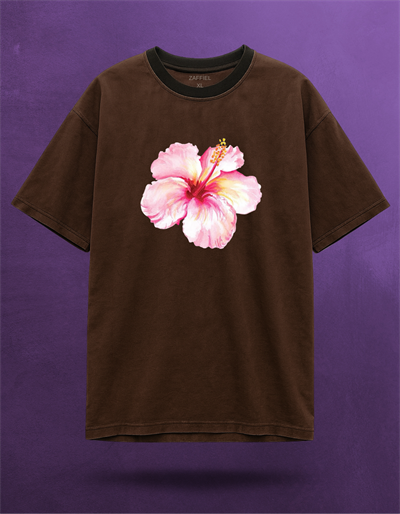 Hibiscus Çiçeği Tasarımlı Kahverengi Tişört
