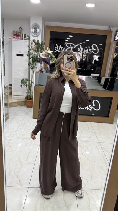 Qupra akıcı kumaş sırt fermuar takım KAHVERENGİ 