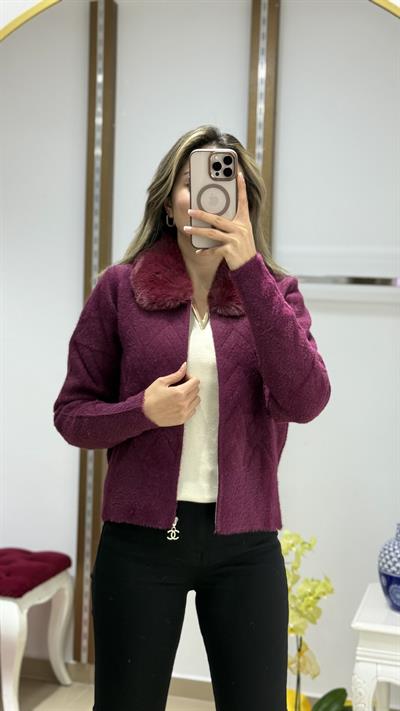 Yaka Kürk Angora Fermuarlı kısa hırka MÜRDÜM