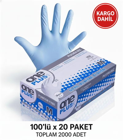 One Plus Pudrasız Nitril Muayene Eldiveni Mavi 100'lü 20 Paket
