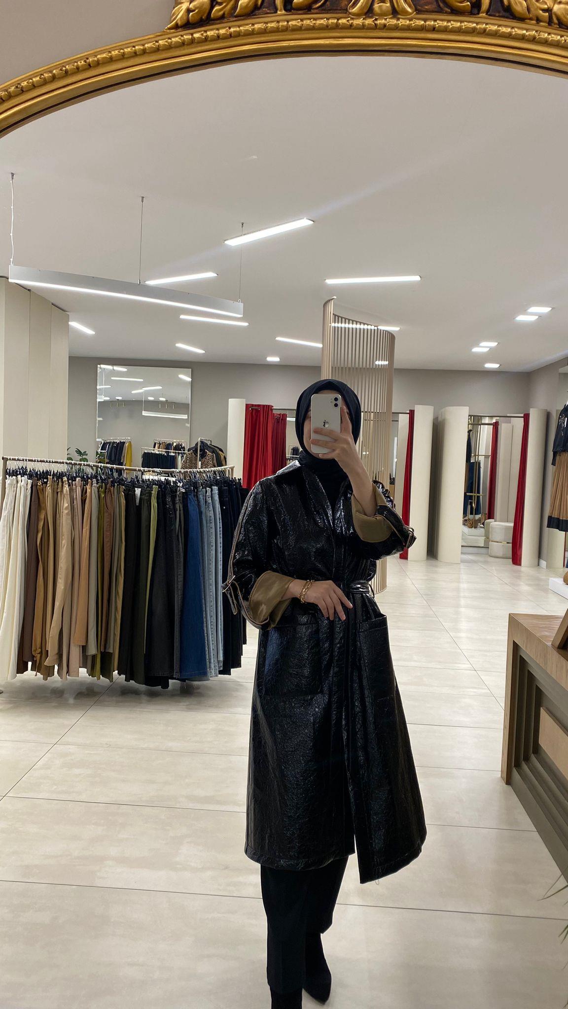 MİARUJ SİYAH PARLAK KUMAŞ TRENÇ