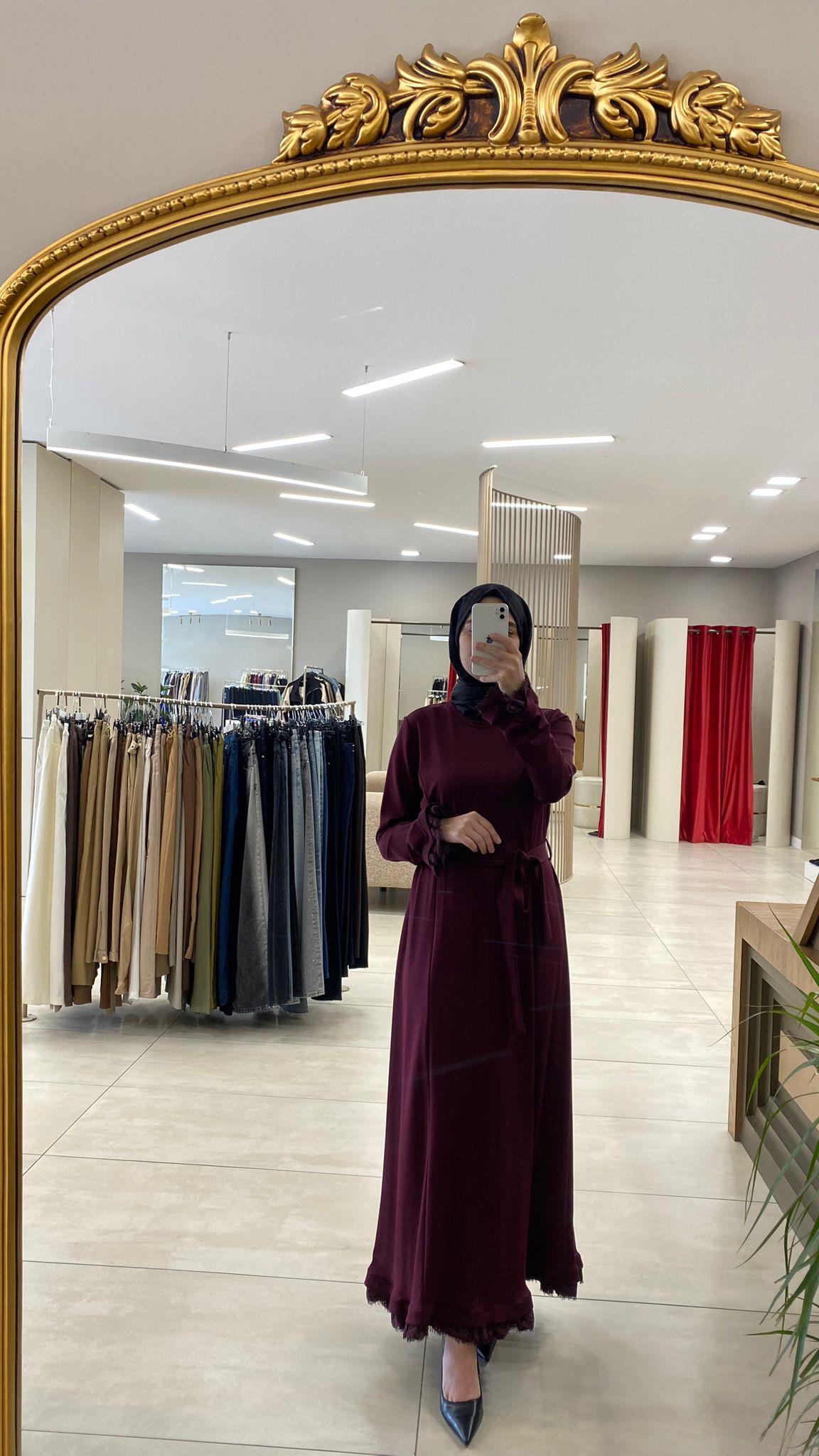 38823 MİSSWHENCE GÜPÜR DETAYLI BORDO ELBİSE