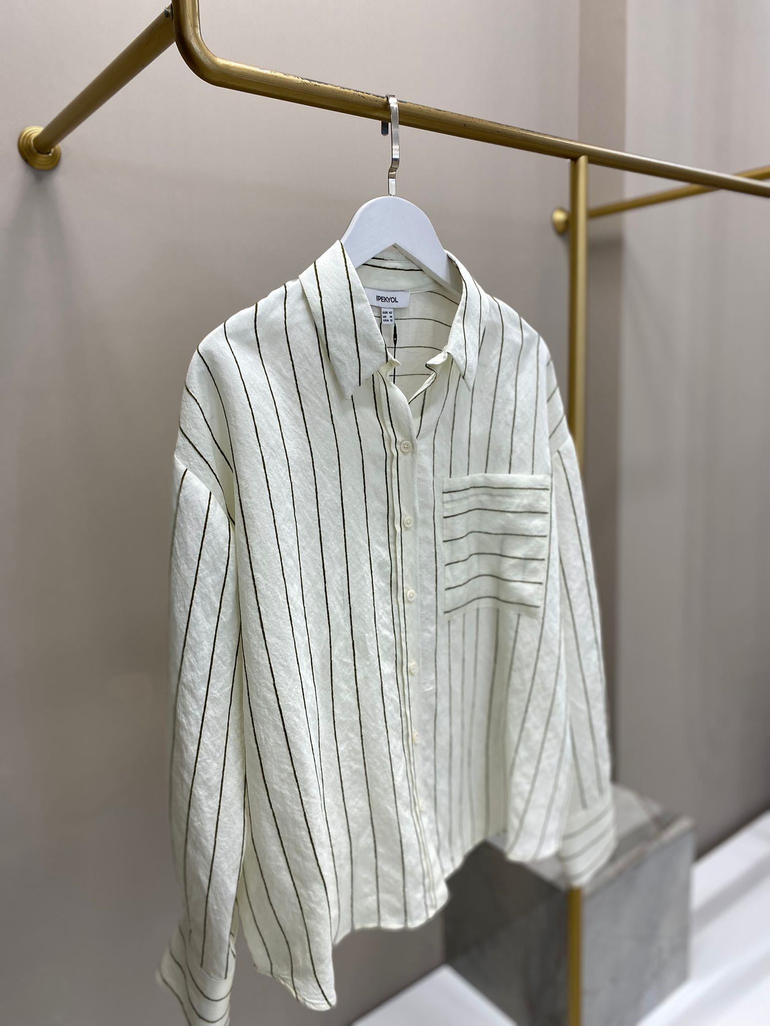 İPEKYOL HAKİ ÇİZGİLİ KREM GÖMLEK