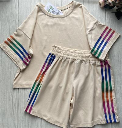 Çizgili Hafif Crop Takım - Krem