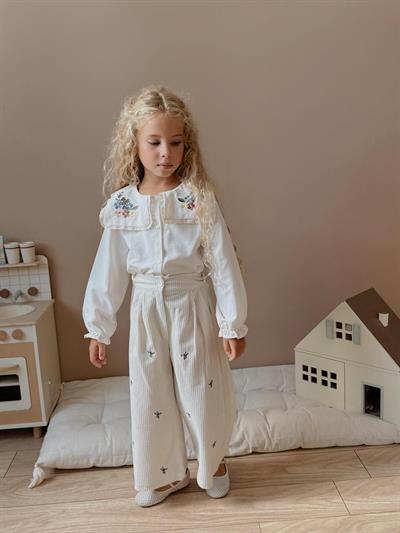 Kadife Pantolonlu Nakışlı 2’li Set - Ekru