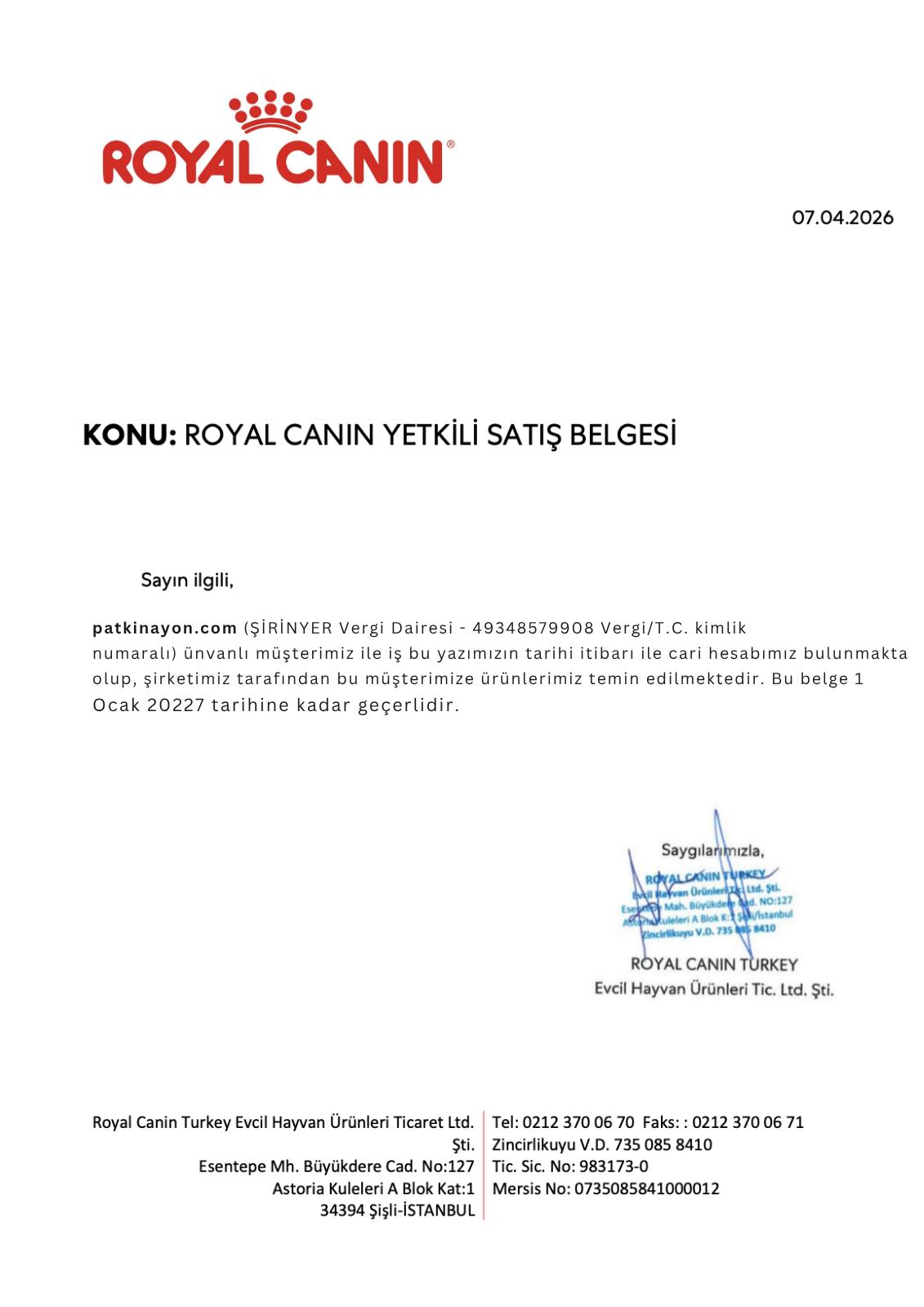 Yetkili Satıcı Belgesi 1