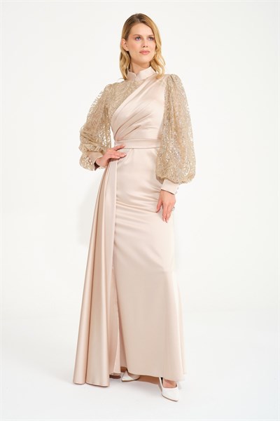 Bej Simli Balon Kol Saten Abiye Elbise