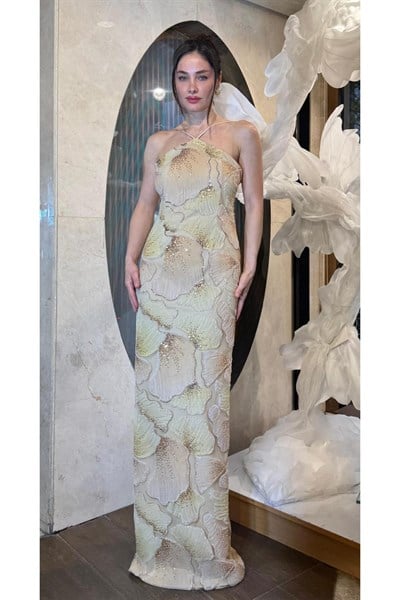 Bej Yakası İp Askılı İşlemeli Abiye