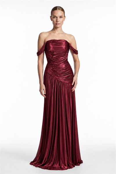 Bordo Düşük Omuz Parlak Kumaş Abiye Abiye P-0000019788-BORDOBRD46