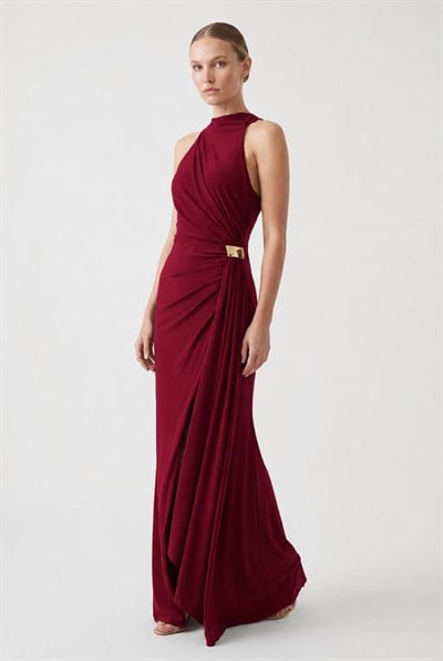 Bordo Halter Yaka Beli Tokalı Abiye