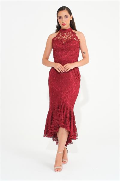 Bordo Halter Yaka Güpürlü Abiye