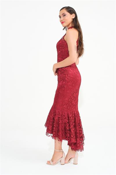 Bordo Halter Yaka Güpürlü Abiye