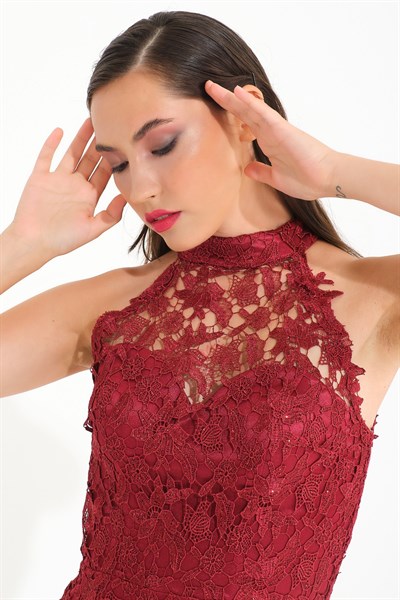Bordo Halter Yaka Güpürlü Abiye