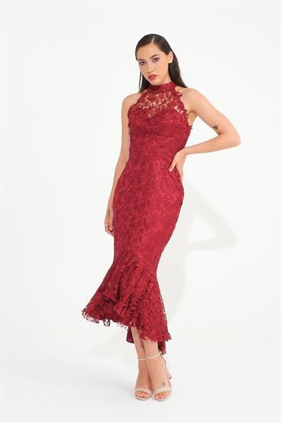 Bordo Halter Yaka Güpürlü Abiye