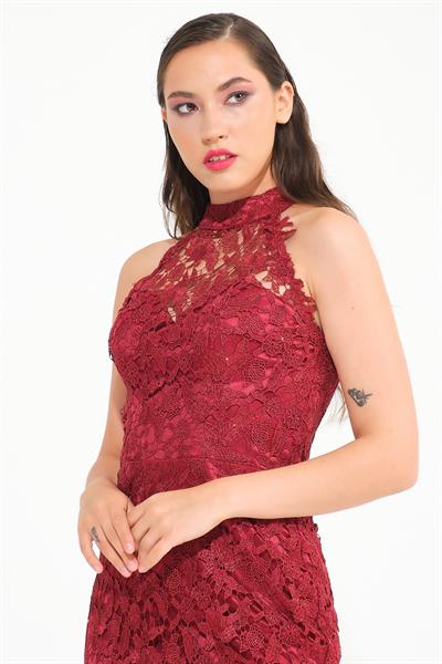 Bordo Halter Yaka Güpürlü Abiye