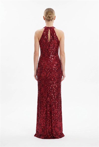 Bordo Halter Yaka Payetli Abiye