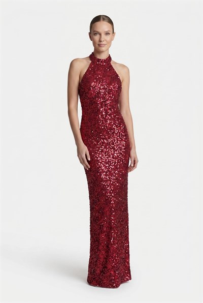 Bordo Halter Yaka Payetli Abiye