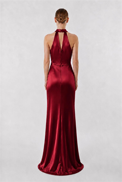 Bordo Halter Yaka Saten Abiye