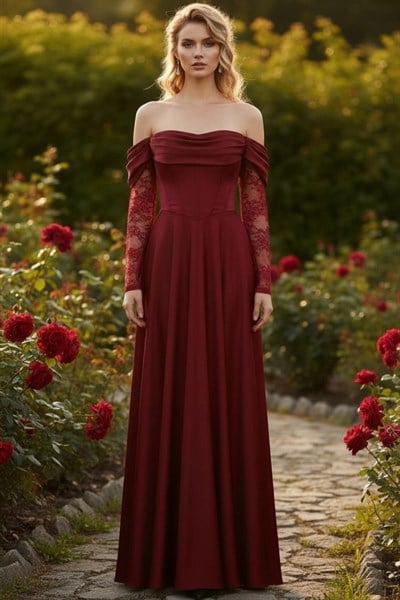 Bordo Kolu Dantelli Saten Abiye