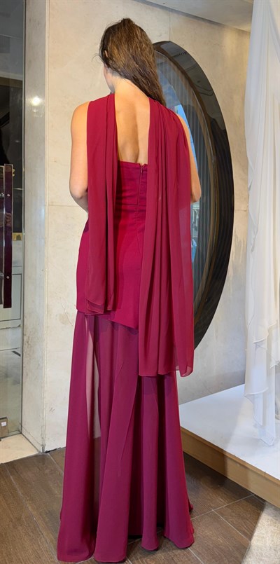 Bordo Şal Detaylı Straplez Abiye