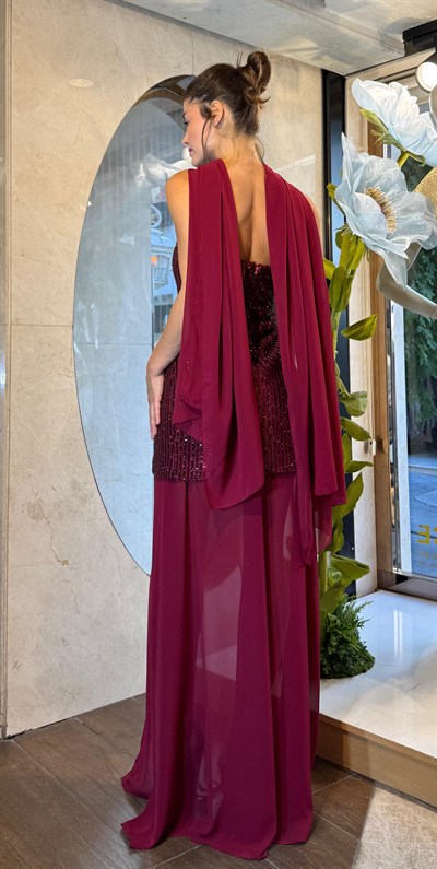 Bordo Şifon Detaylı Payetli Abiye