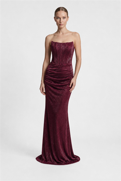 Bordo Simli Yakası Balenli Straplez Abiye Abiye P-0000018634-BORDOBRD38