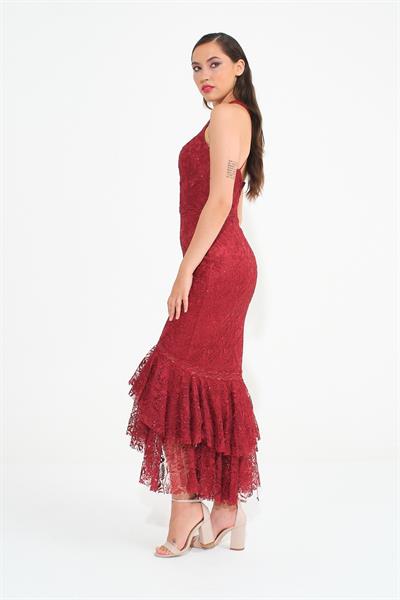 Bordo Sırt Dekolteli Halter Yaka Abiye