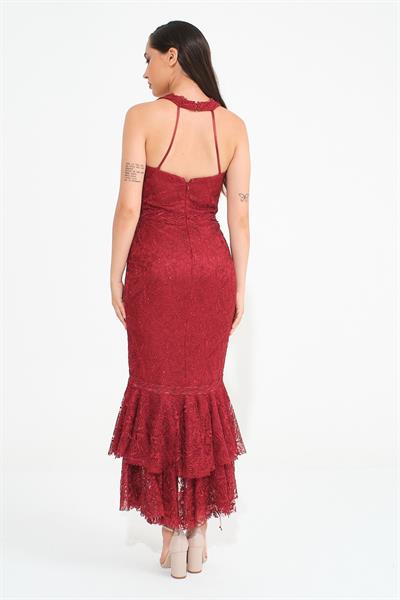Bordo Sırt Dekolteli Halter Yaka Abiye