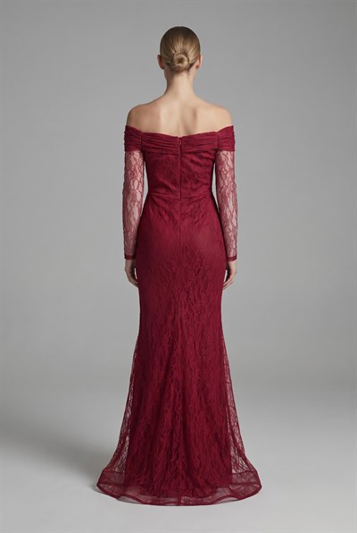 Bordo Straplez Dantel Abiye