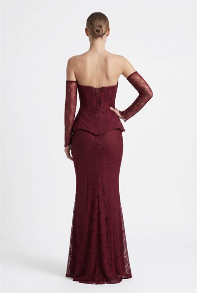 Bordo Straplez Dantel Abiye