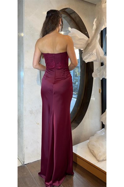 Bordo Üstü Dantel Altı Saten Abiye