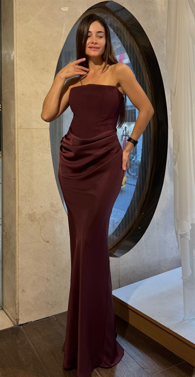 Bordo Üstü Krep Altı Saten Abiye