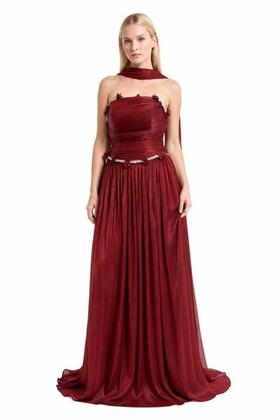 Bordo Yakası Taşlı Straplez Abiye Abiye P-0000019308-BORDOBRD38