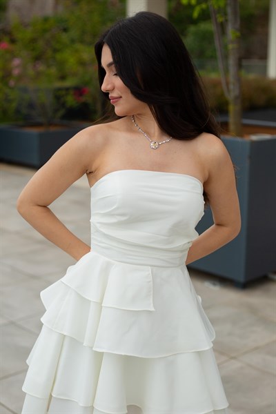 Ekru Eteği Katlı Tafta Abiye Elbise