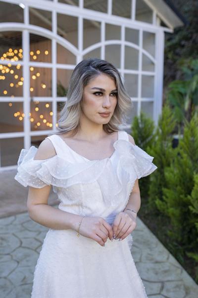 Ekru Fırfır Detaylı Organize Tül Abiye