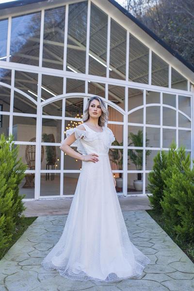 Ekru Fırfır Detaylı Organize Tül Abiye