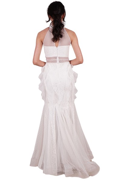 Ekru Halter Yaka Tül Abiye
