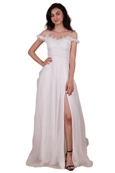 Ekru İp Askılı Yırtmaçlı Simli Abiye