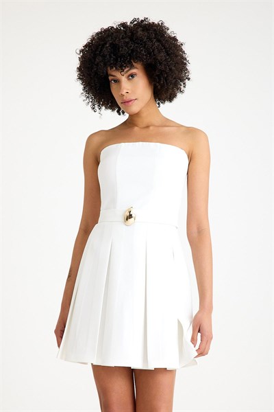 Ekru Piliseli Kısa Abiye Elbise