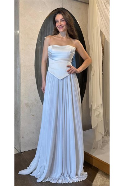 Ekru Üstü Saten Altı Piliseli Abiye