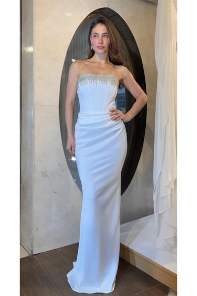 Ekru Yakası İşlemeli Üstü Krep Altı Saten Abiye