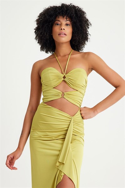 Fıstık Yeşil Dekolteli Tasarım Abiye Elbise