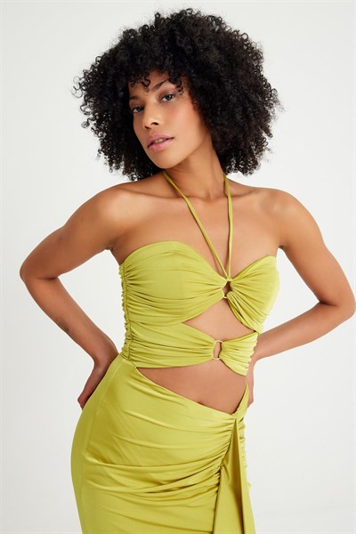 Fıstık Yeşil Dekolteli Tasarım Abiye Elbise