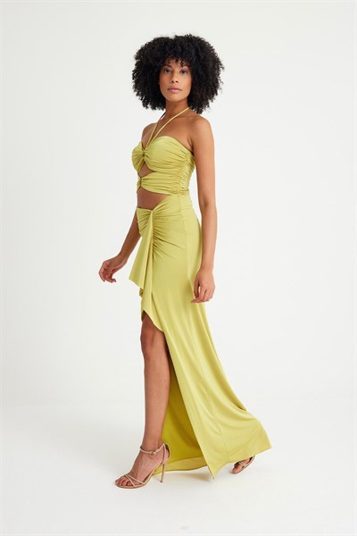 Fıstık Yeşil Dekolteli Tasarım Abiye Elbise