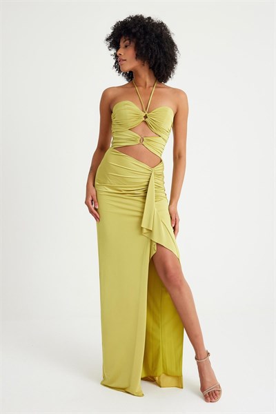 Fıstık Yeşil Dekolteli Tasarım Abiye Elbise