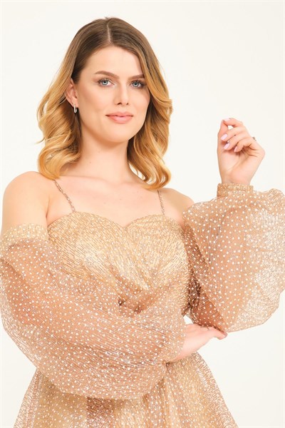 Gold Askılı Balon Kol Kısa Abiye Elbise