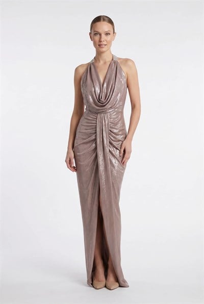 Gold Halter Yaka Drapeli Abiye
