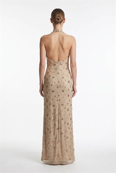Gold Halter Yaka Payet İşlemeli Abiye